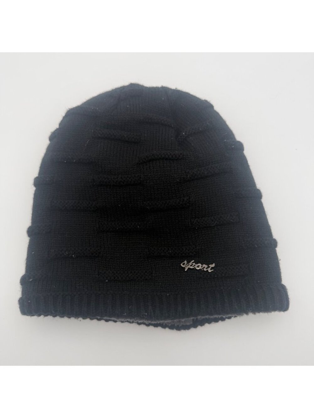 Black Knit Beanie Hat Plush Lined Winter Warm Slouchy Sport Womens One Size